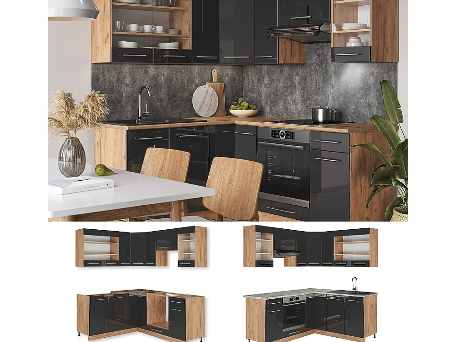 Cocina esquinera antracita brillo intenso/roble dorado eléctrico 190x46x81.6 fame-line