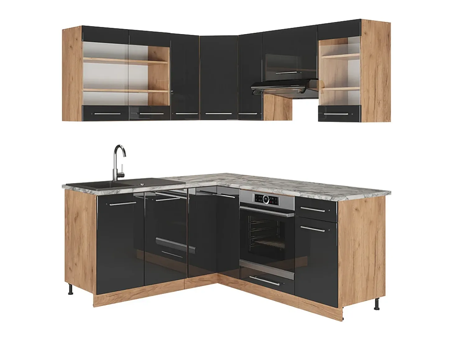 Cocina esquinera antracita brillo intenso/roble dorado eléctrico 190x46x81.6 fame-line