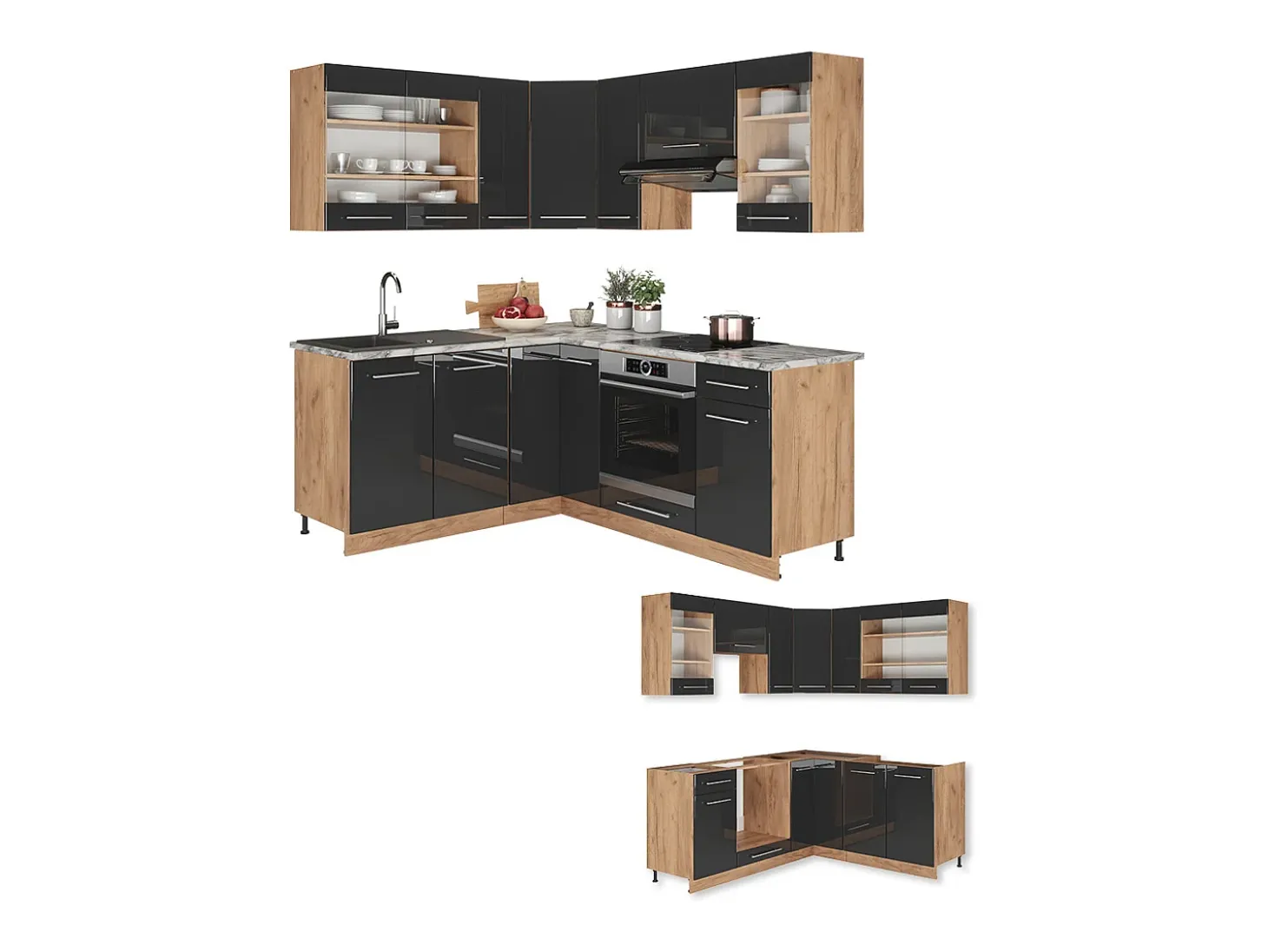 Cocina esquinera antracita brillo intenso/roble dorado eléctrico 190x46x81.6 fame-line