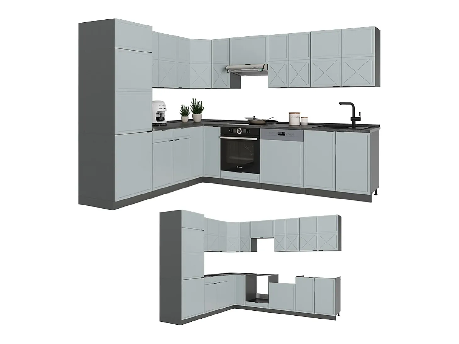 Cocina esquinera azul claro/gris antracita 287x60x81.6 fame-line