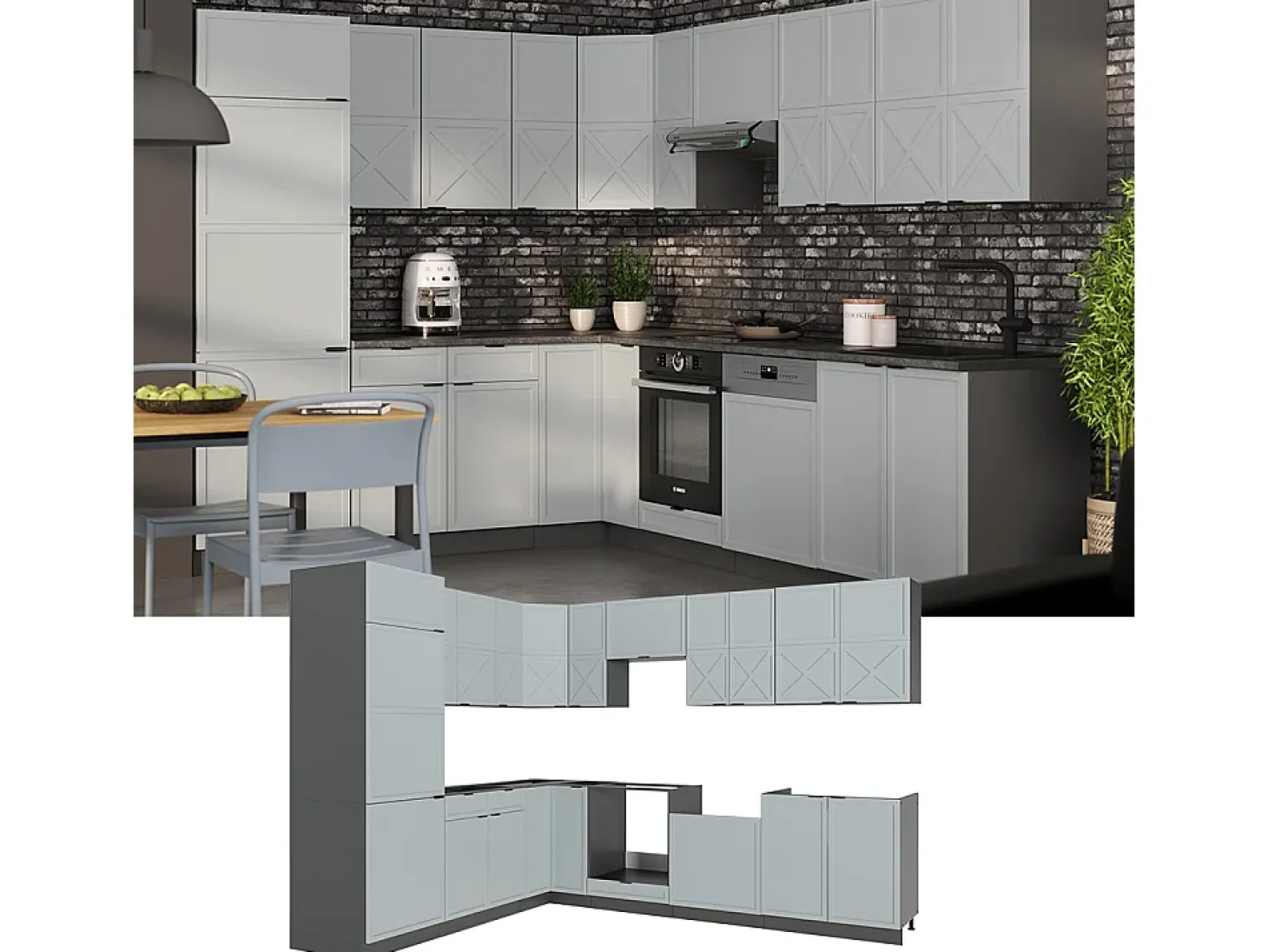 Cocina esquinera azul claro/gris antracita 287x46x81.6 fame-line