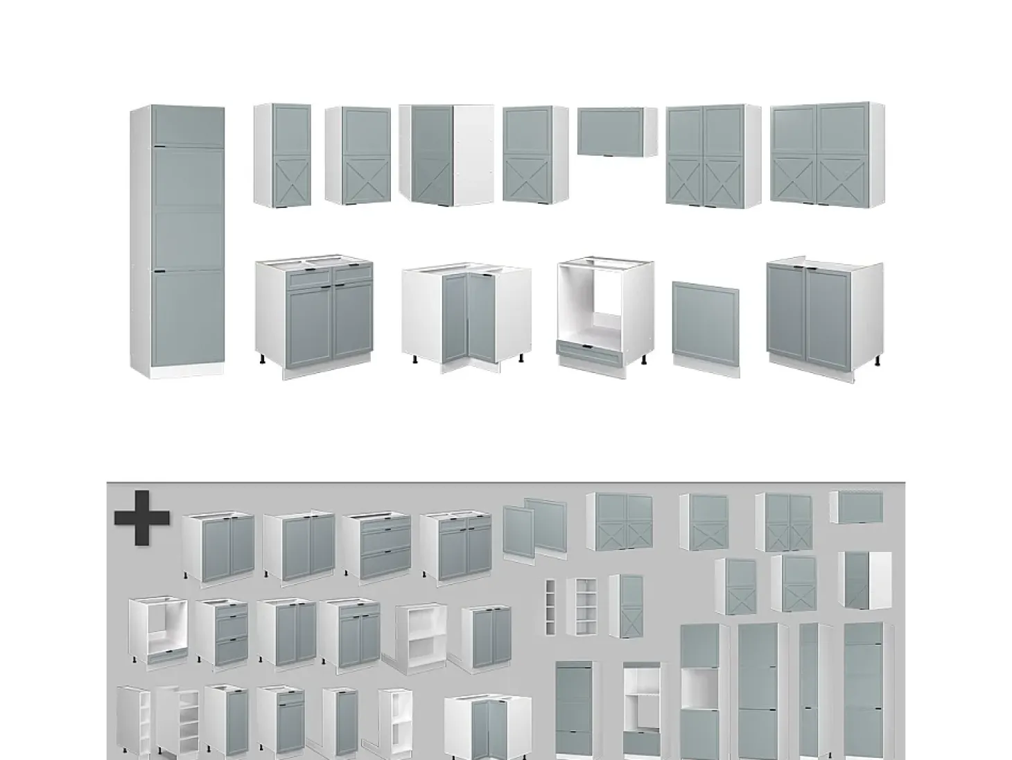 Cocina esquinera azul claro-gris-blanco 287x46x81.6 fame-line