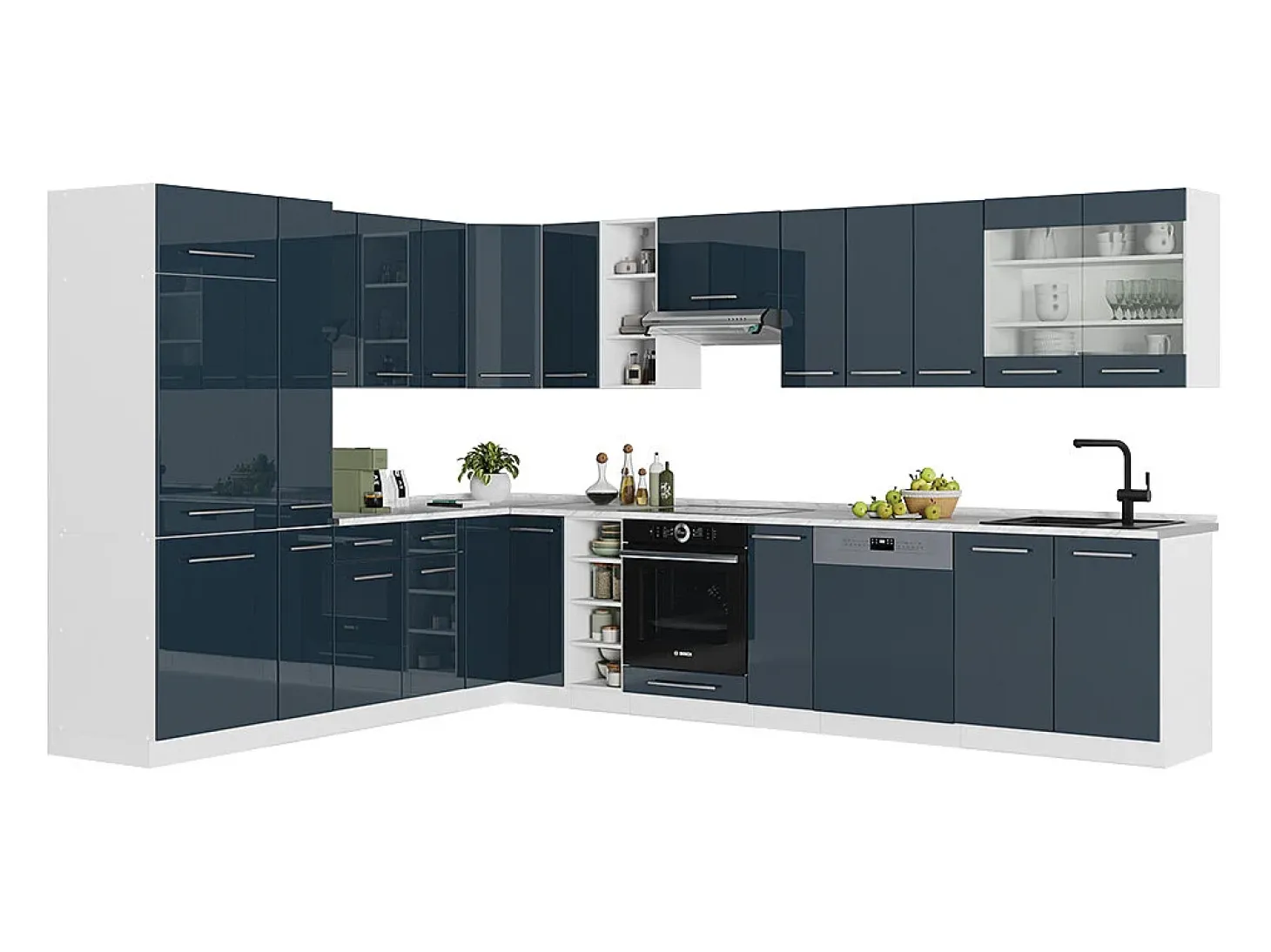 Cocina esquinera azul oscuro alto brillo/blanco 347x46x81.6 fame-line