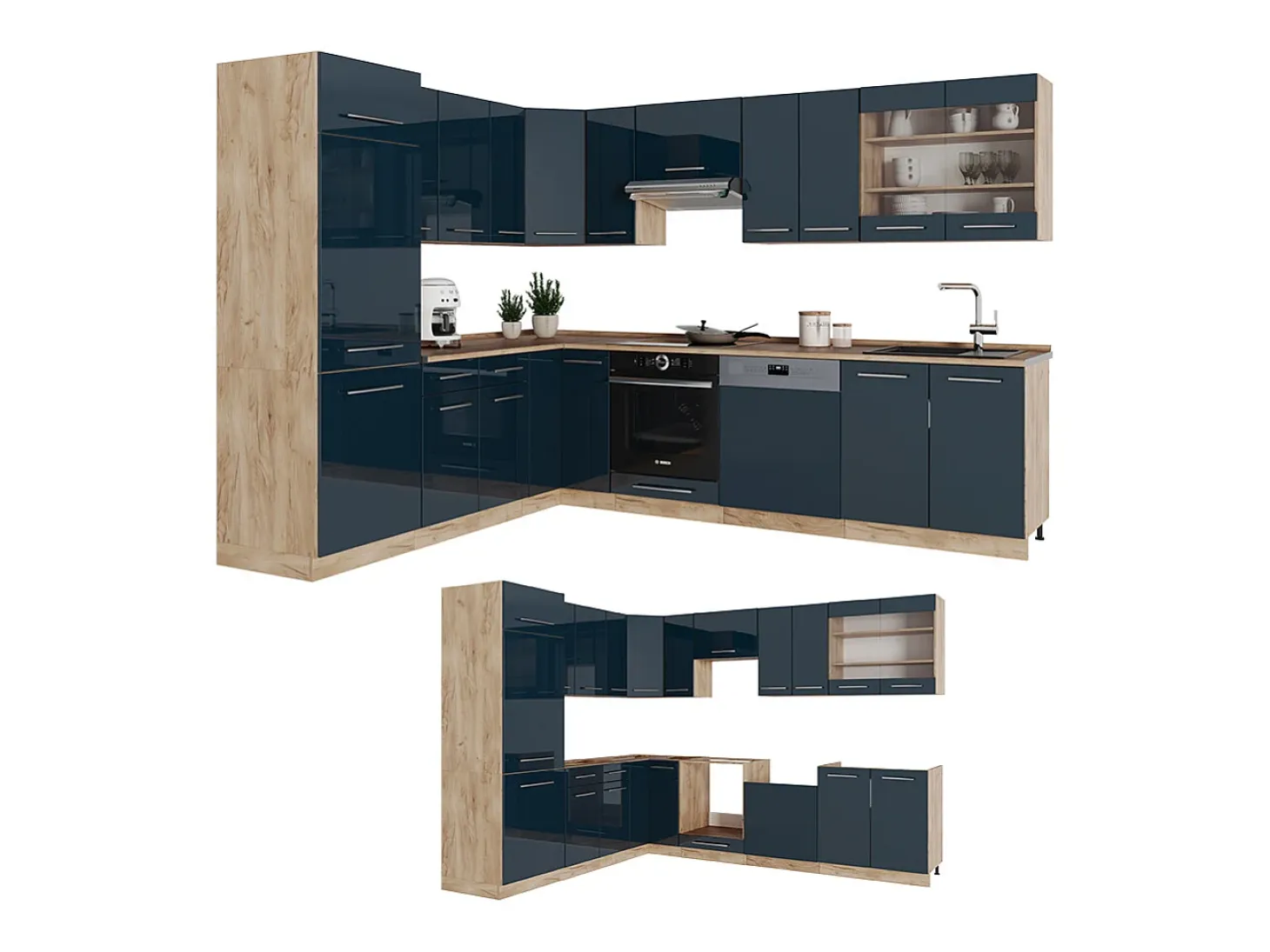 Cocina esquinera azul oscuro alto brillo/roble dorado 227x60x81.6 fame-line