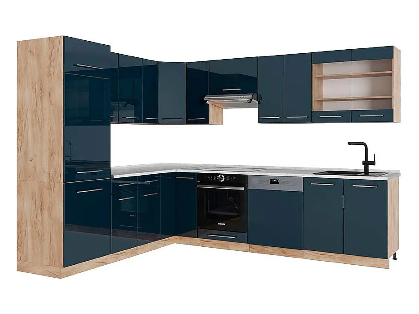 Cocina esquinera azul oscuro alto brillo/roble dorado 227x60x81.6 fame-line