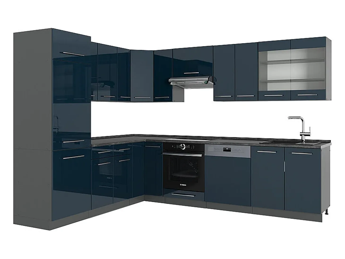 Cocina esquinera azul oscuro alto brillo/antracita 287x60x81.6 fame-line
