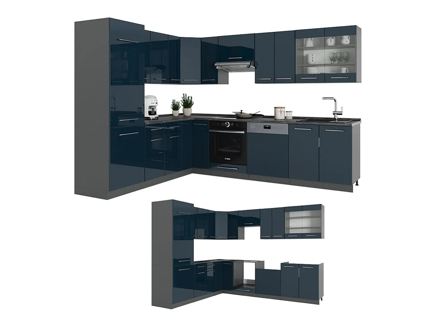 Cocina esquinera azul oscuro alto brillo/antracita 287x60x81.6 fame-line