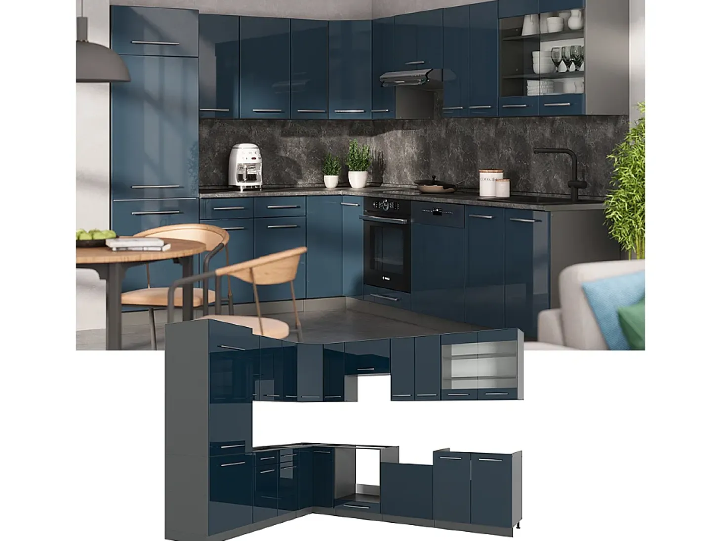 Cocina esquinera azul oscuro alto brillo/antracita 287x60x81.6 fame-line
