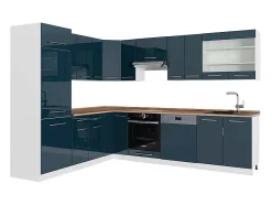 Cocina esquinera azul oscuro alto brillo/blanco 287x60x81.6 fame-line