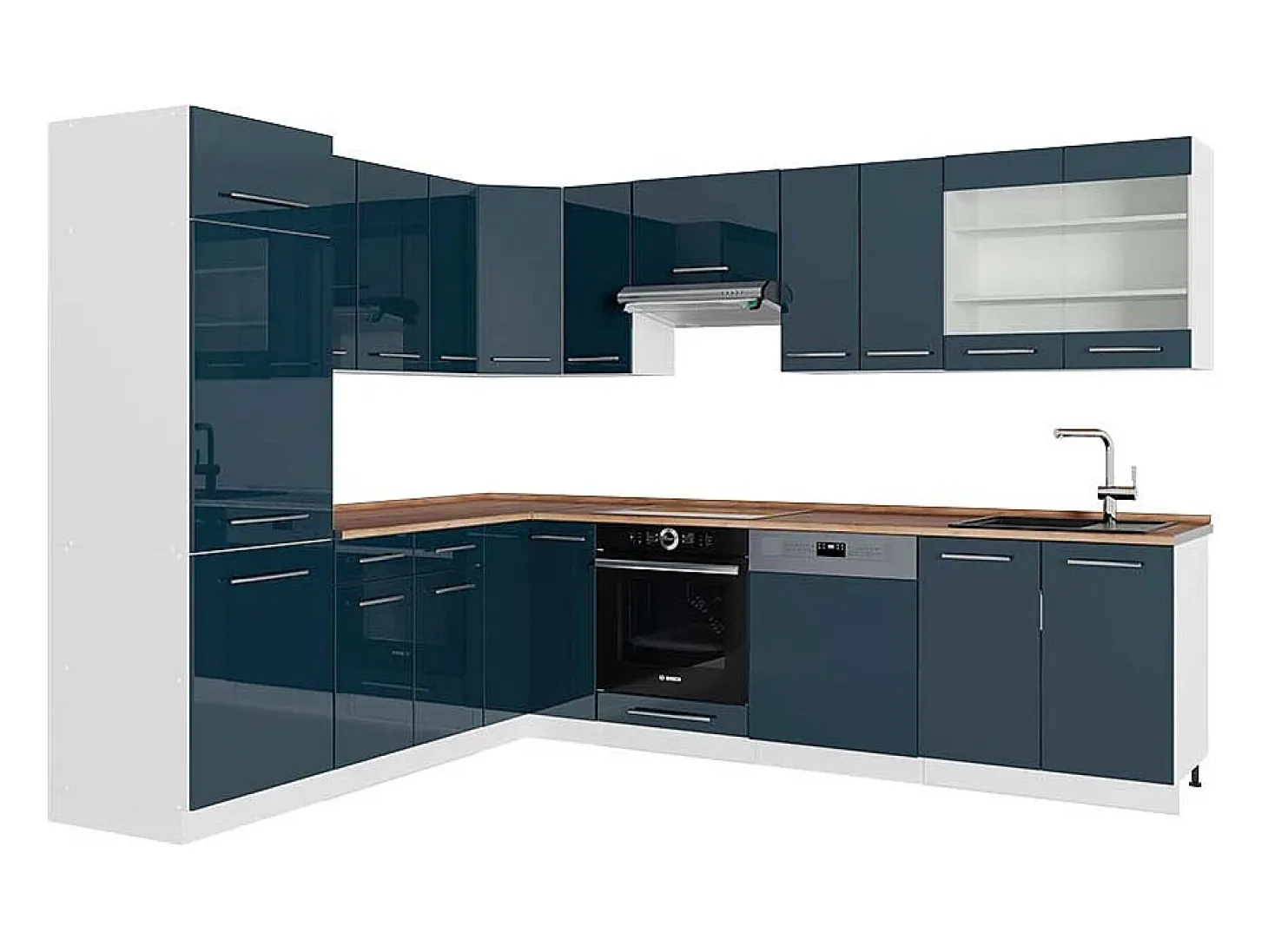 Cocina esquinera azul oscuro alto brillo/blanco 287x60x81.6 fame-line