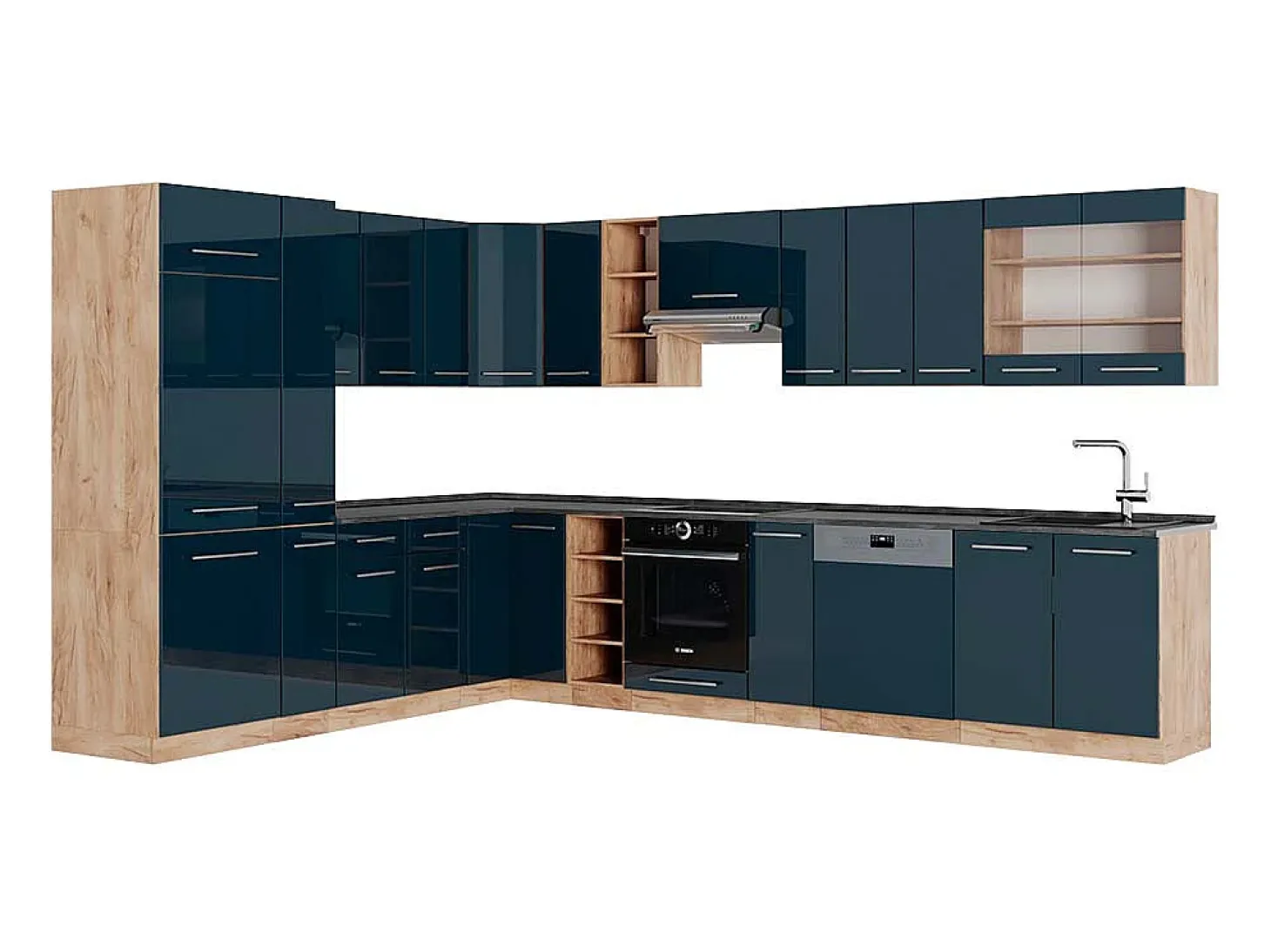 Cocina esquinera azul oscuro alto brillo/roble dorado 347x60x81.6 fame-line