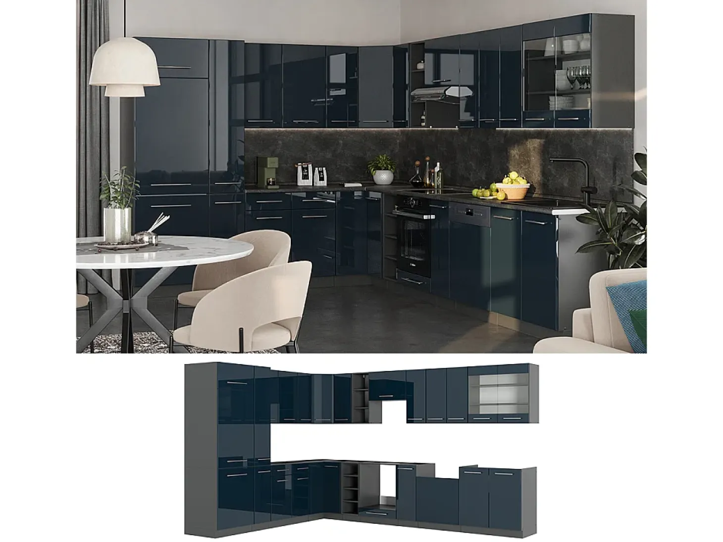 Cocina esquinera azul oscuro alto brillo/antracita 347x46x81.6 fame-line