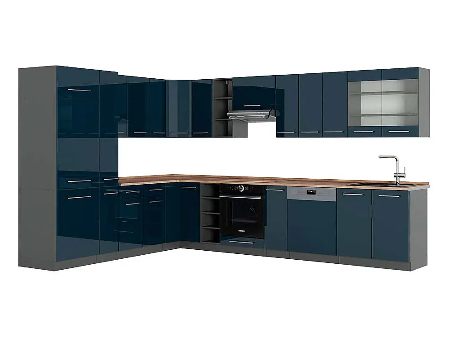 Cocina esquinera azul oscuro alto brillo/antracita 347x60x81.6 fame-line