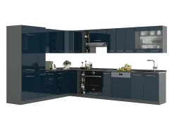 Cocina esquinera azul oscuro alto brillo/antracita 347x60x81.6 fame-line