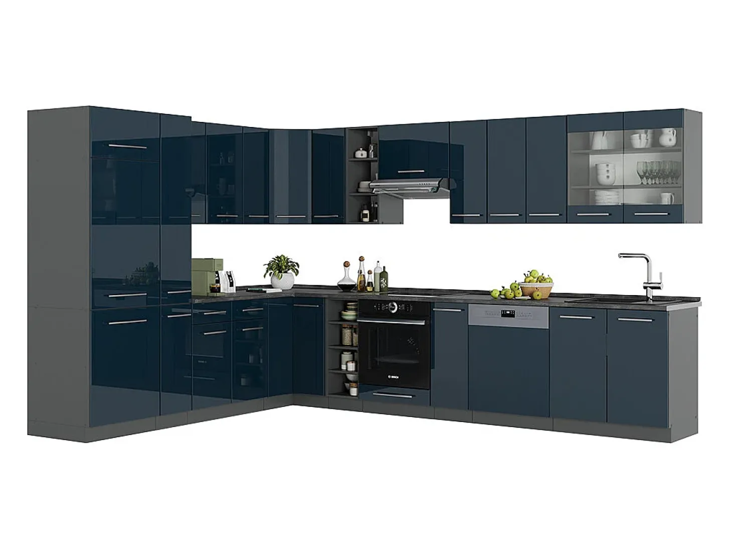 Cocina esquinera azul oscuro alto brillo/antracita 347x60x81.6 fame-line