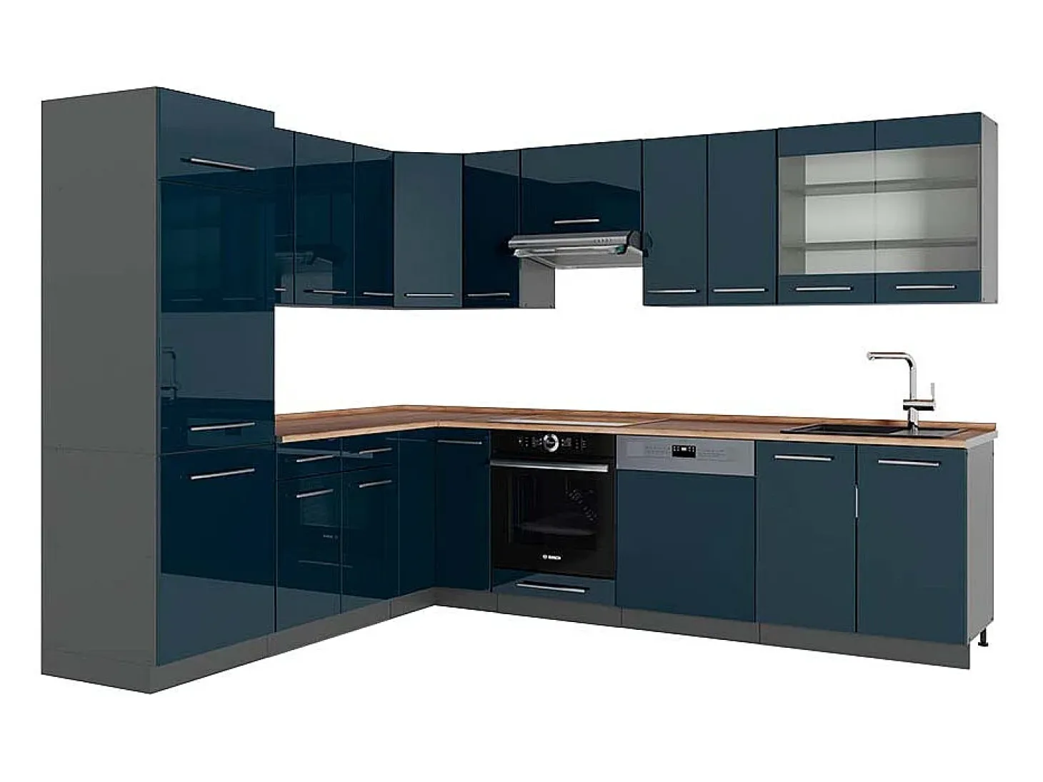 Cocina esquinera azul oscuro alto brillo/antracita 287x60x81.6 fame-line