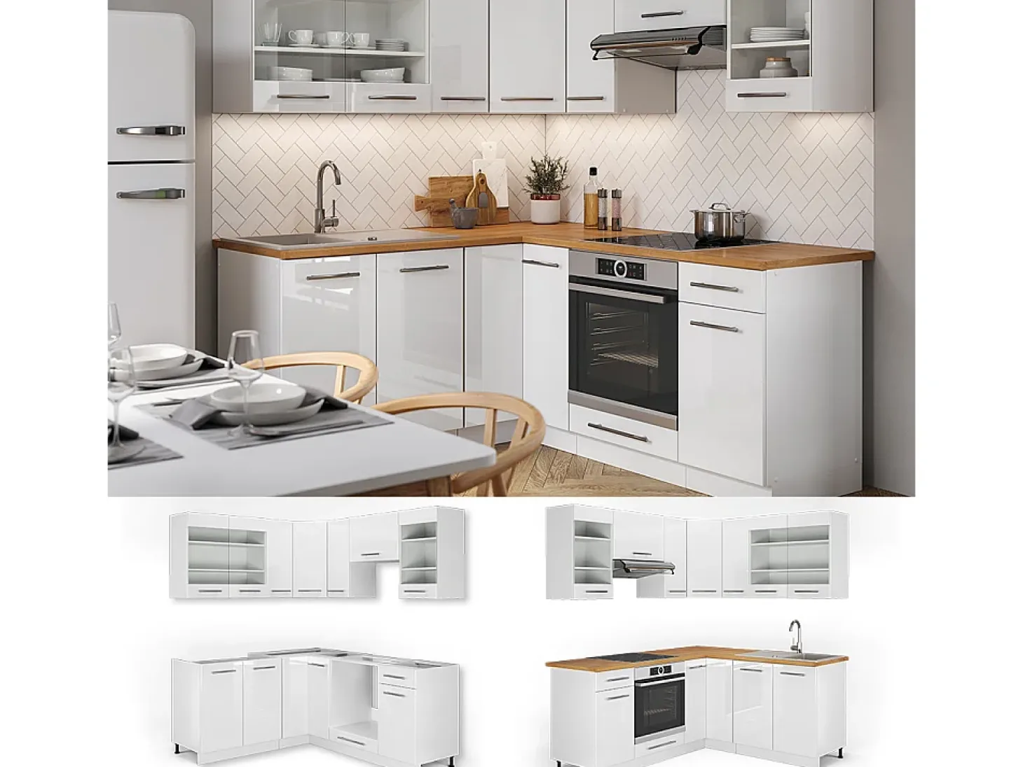 Cocina esquinera blanco alto brillo/blanco 190x60x81.6 fame-line
