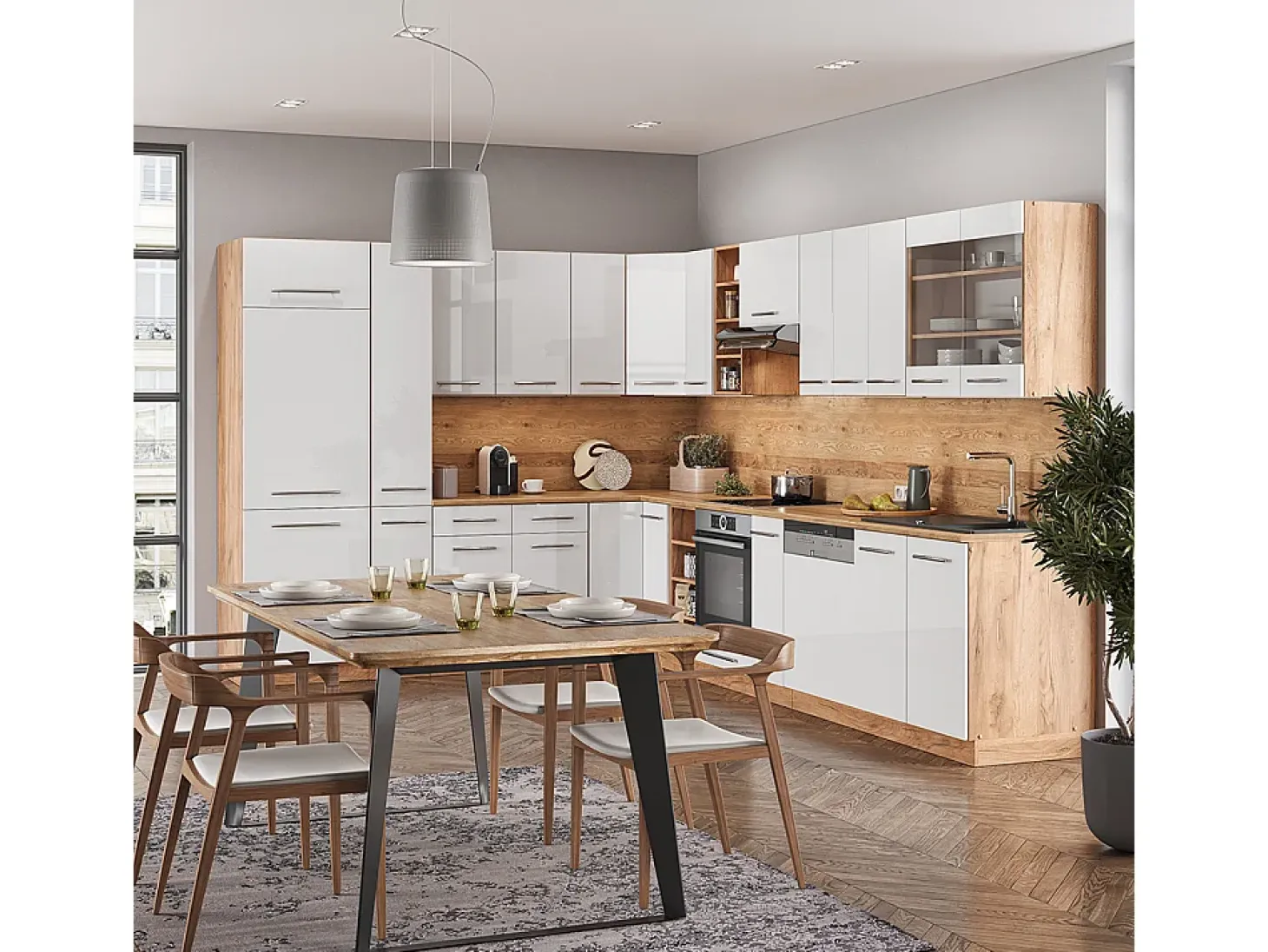 Cocina esquinera blanco brillo intenso/roble dorado 347x60x81.6 fame-line