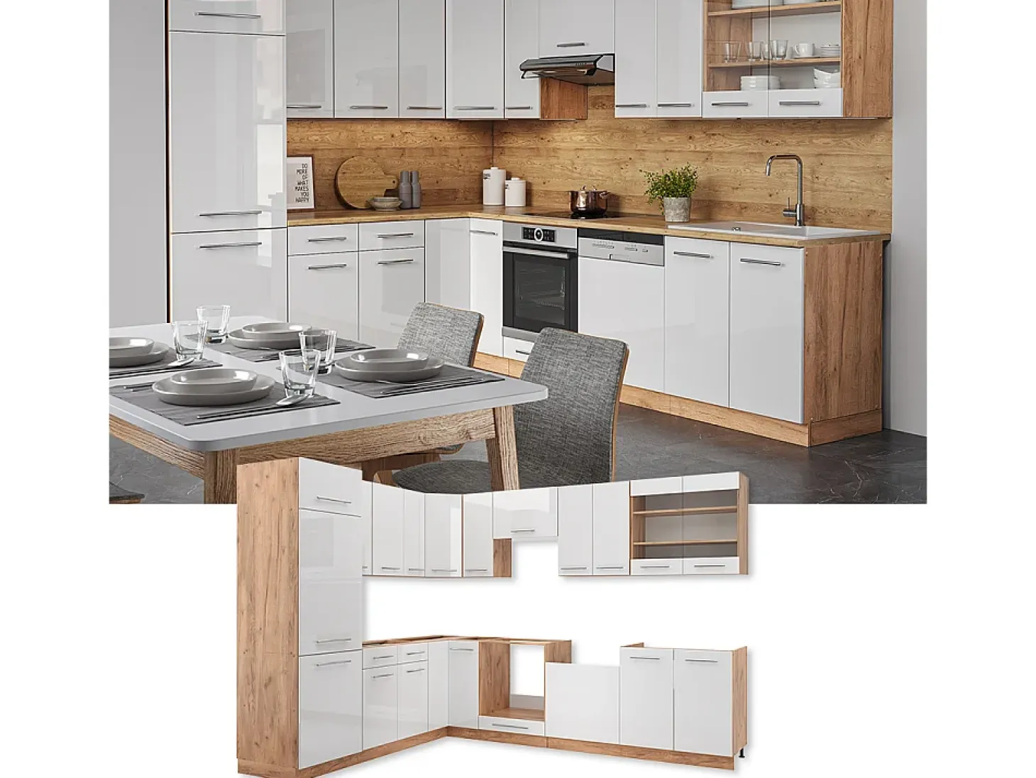Cocina esquinera blanco brillo intenso/roble dorado 287x46x81.6 fame-line