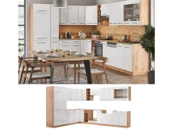 Cocina esquinera blanco brillo intenso/roble dorado 347x60x81.6 fame-line
