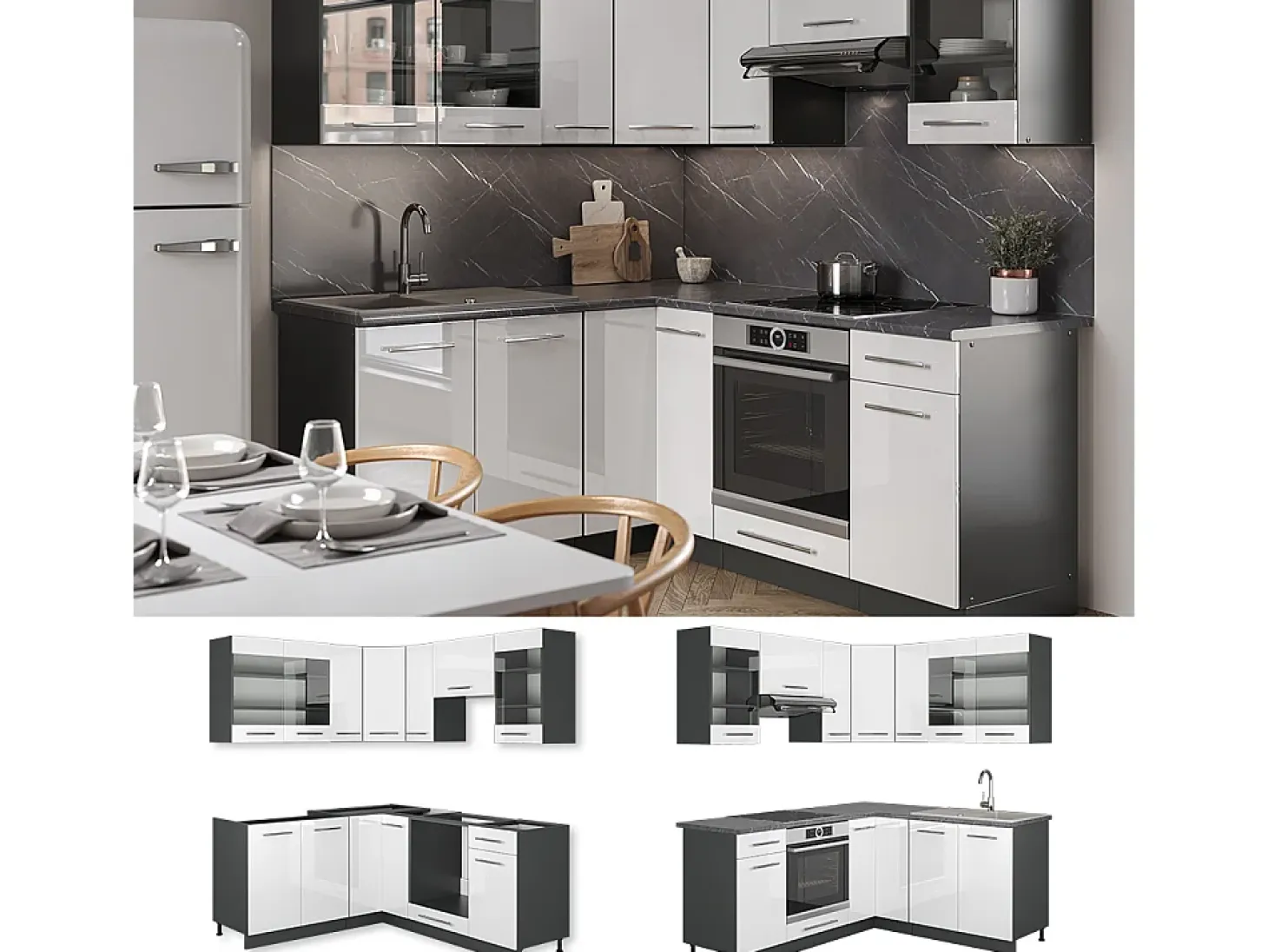 Cocina esquinera blanco brillo/antracita 190x60x81.6 fame-line