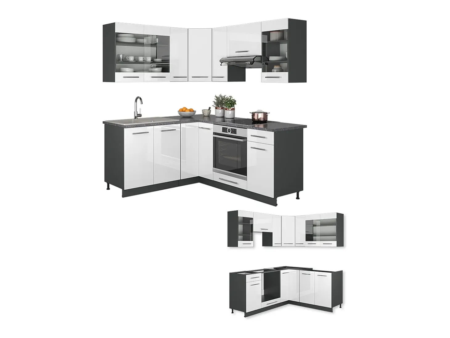 Cocina esquinera blanco brillo/antracita 190x60x81.6 fame-line