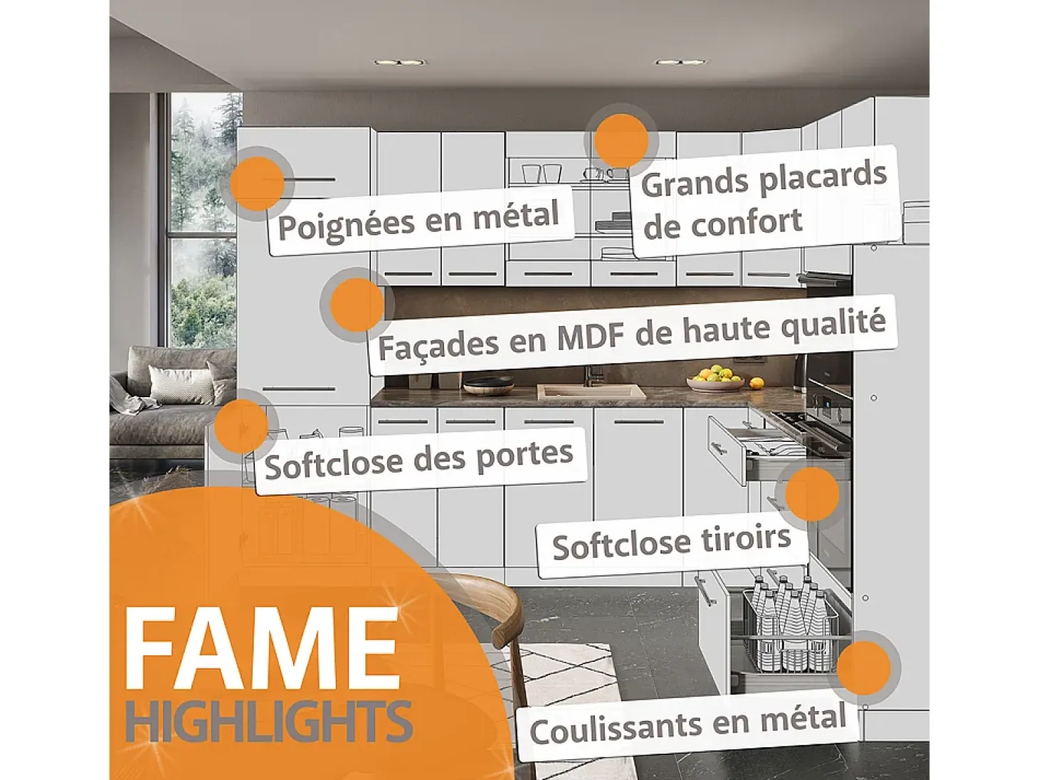 Cocina esquinera blanco brillo/antracita 190x60x81.6 fame-line