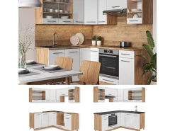 Cocina esquinera blanco brillo intenso/roble dorado 190x60x81.6 fame-line