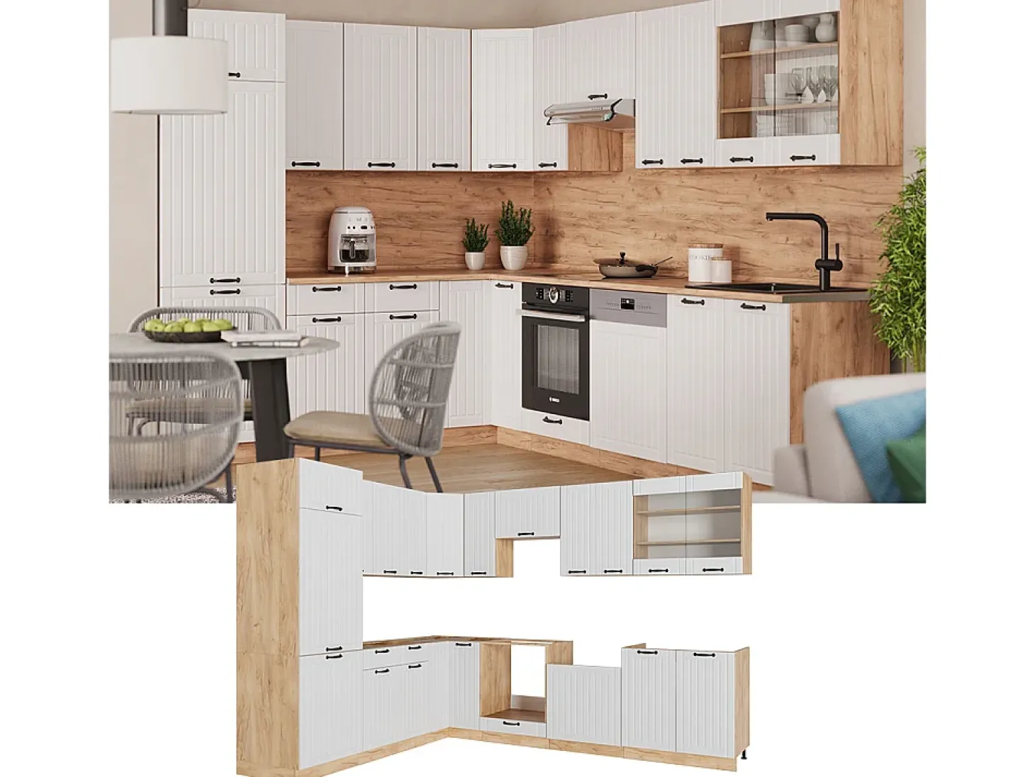 Cocina esquinera blanco casa de campo 227x60x81.6 fame-line