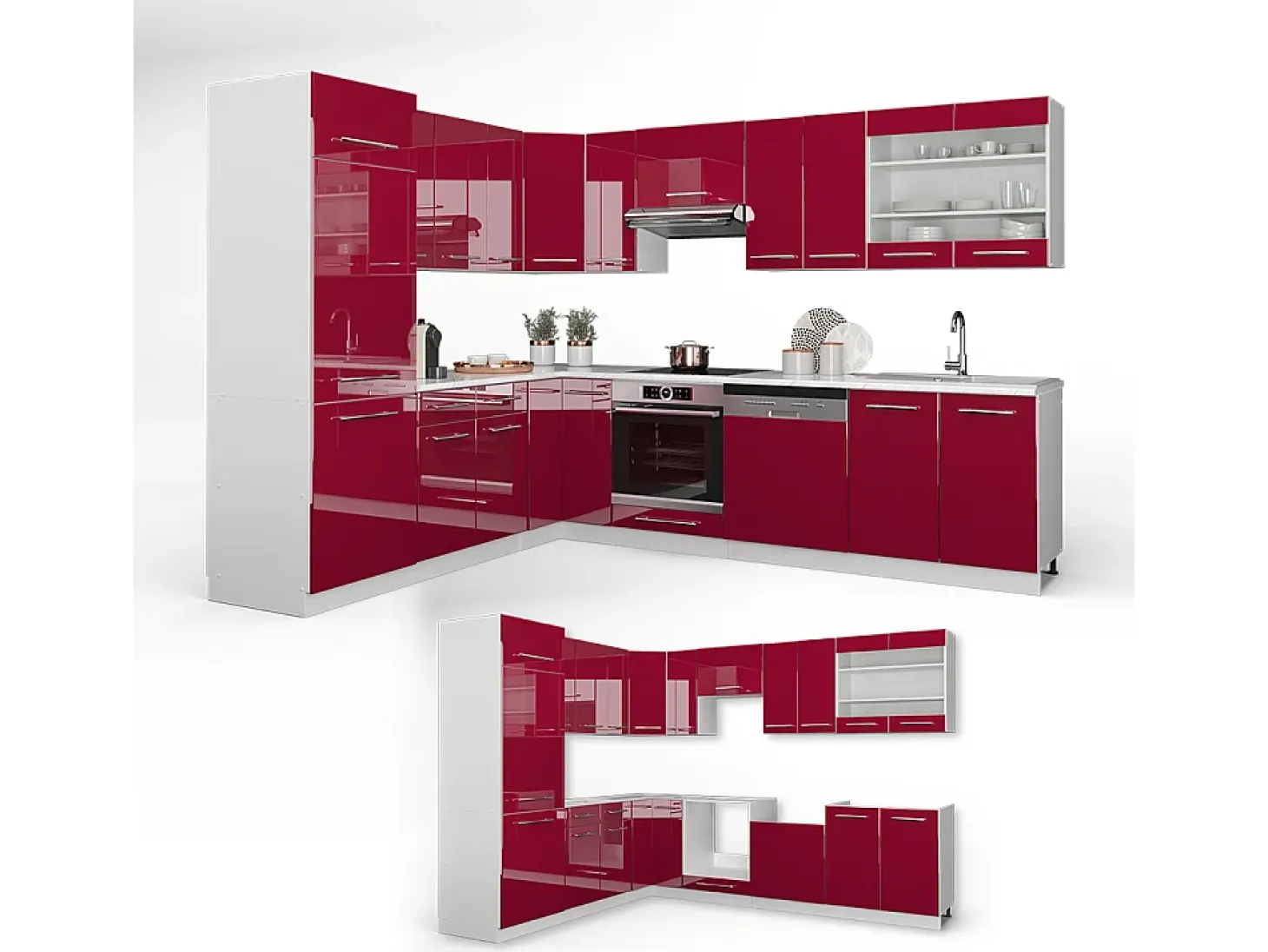 Cocina esquinera burdeos brillo intenso/blanco 287x46x81.6 fame-line