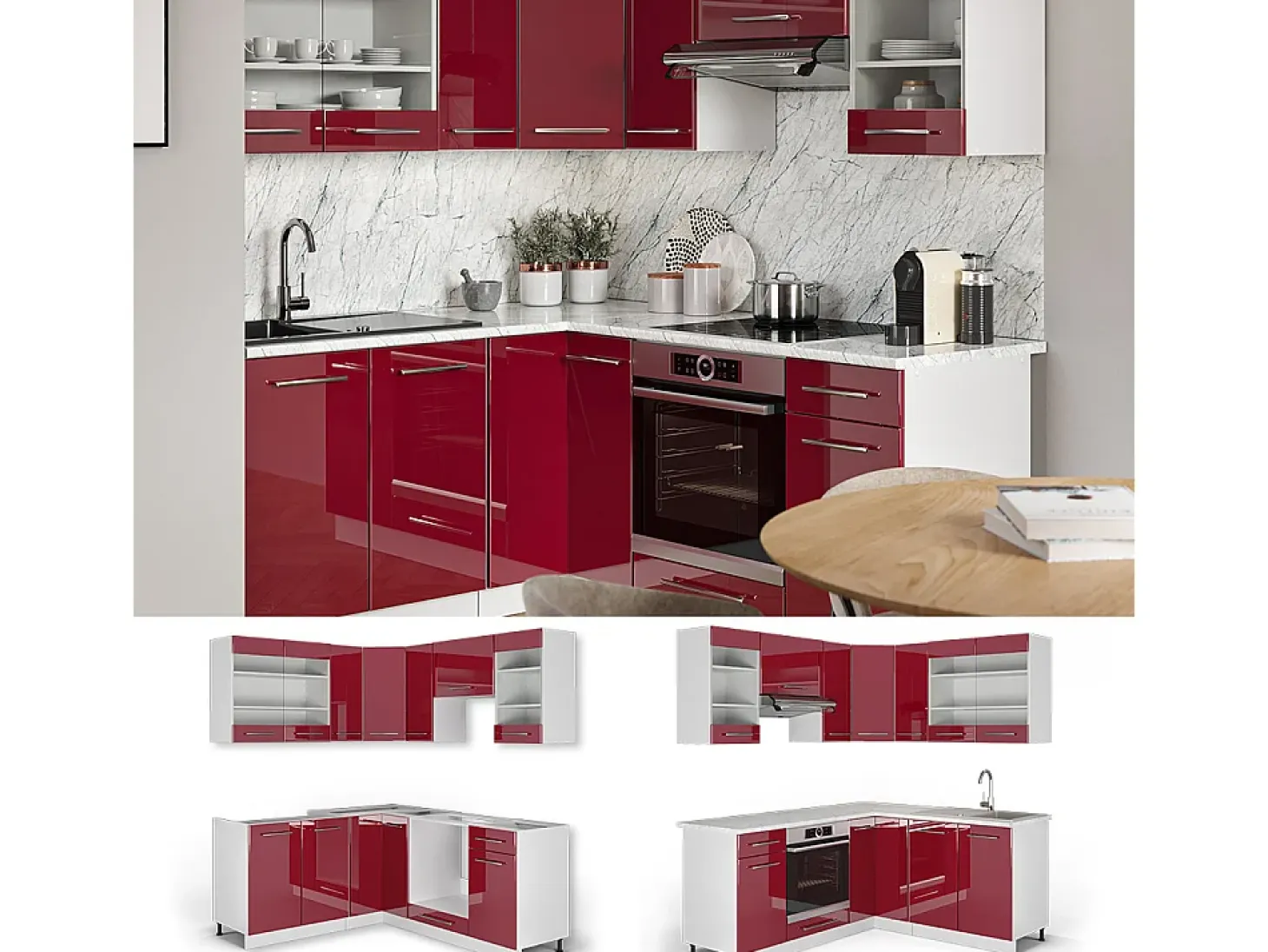Cocina esquinera burdeos brillo intenso/blanco 190x60x81.6 fame-line