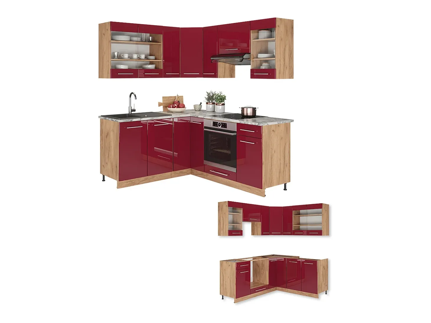 Cocina esquinera burdeos brillo intenso/roble dorado 190x46x81.6 fame-line