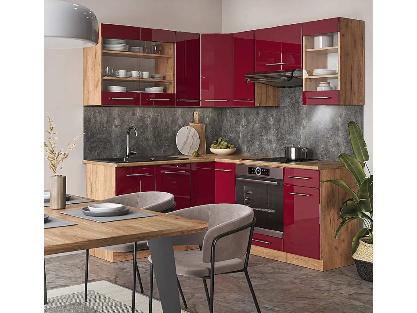 Cocina esquinera burdeos brillo intenso/roble dorado 190x46x81.6 fame-line