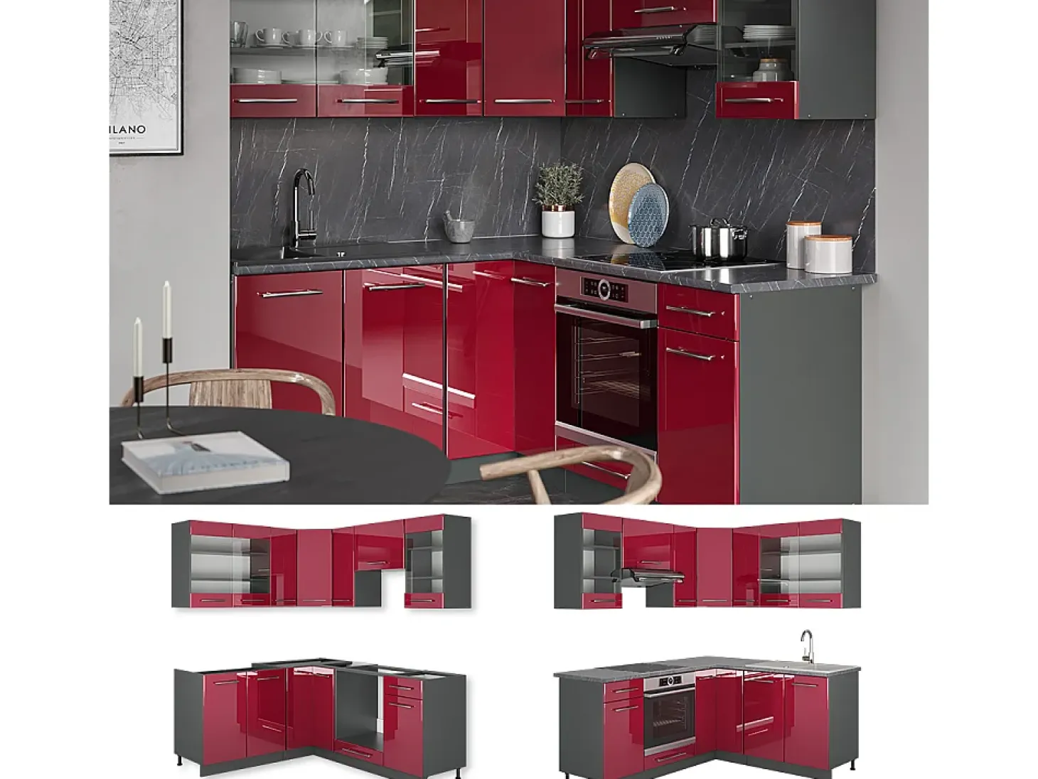 Cocina esquinera burdeos brillo intenso/antracita 190x46x81.6 fame-line