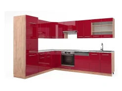 Cocina esquinera burdeos brillo intenso/roble dorado 227x60x81.6 fame-line