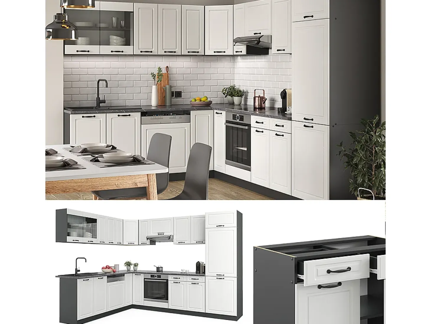 Cocina esquinera casa de campo blanca/antracita 287x46x81.6 r-line