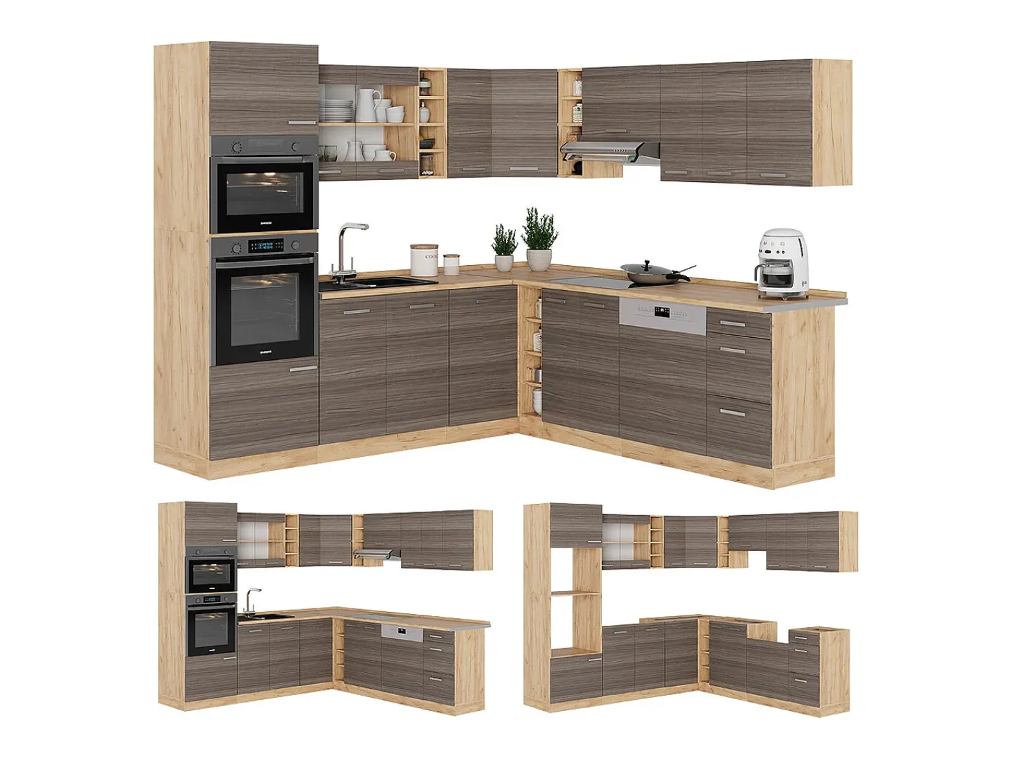 Cocina esquinera gris noble/roble dorado 247x60x81.6 r-line
