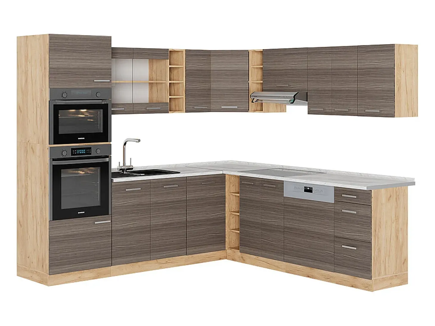 Cocina esquinera gris noble/roble dorado 247x60x81.6 r-line