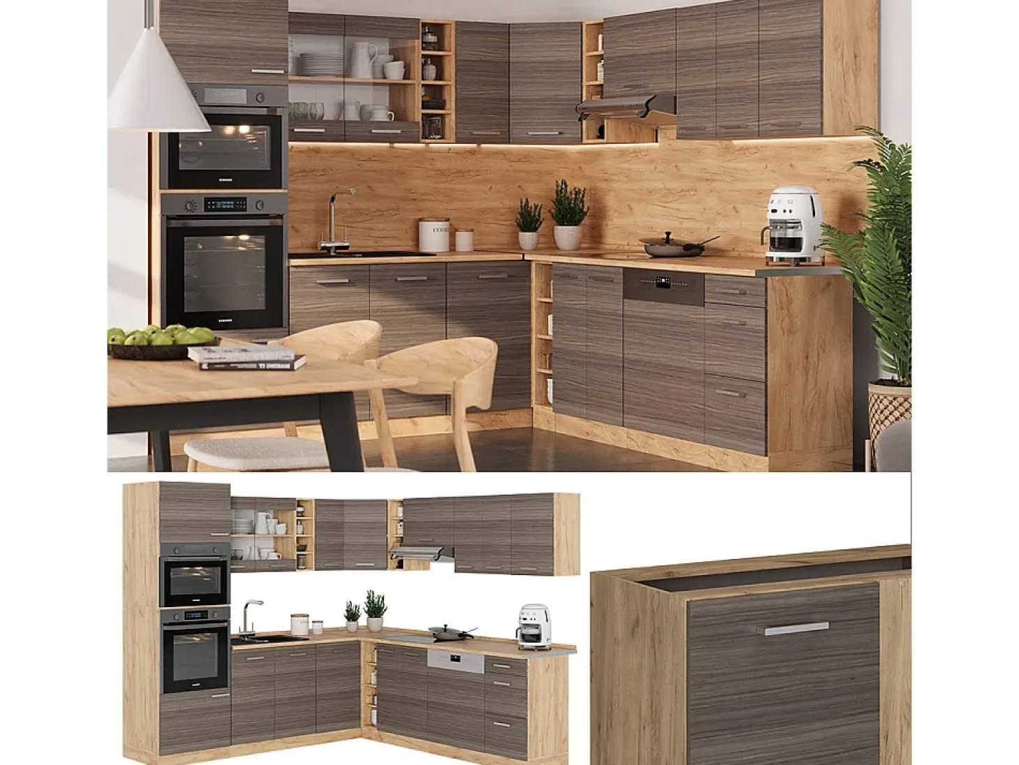 Cocina esquinera gris noble/roble dorado 247x46x81.6 r-line
