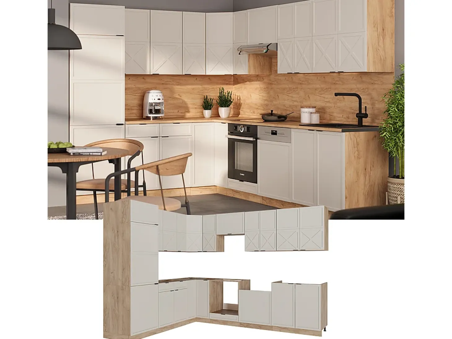 Cocina esquinera gris/beige/roble dorado 287x46x81.6 fame-line