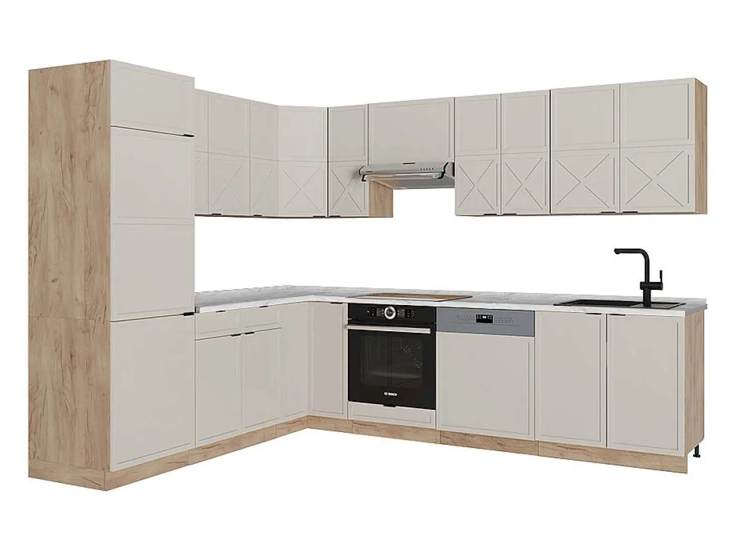 Cocina esquinera gris/beige/roble dorado 227x60x81.6 fame-line