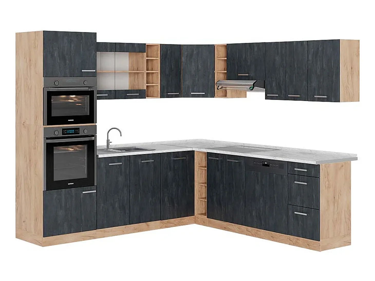 Cocina esquinera hormigón negro/roble dorado 247x60x81.6 r-line