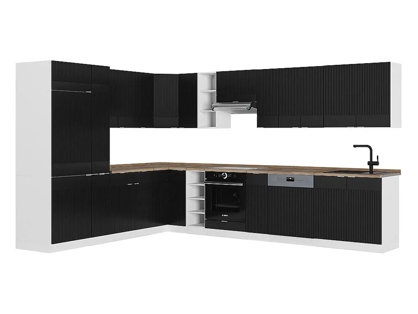 Cocina esquinera negro a rayas/blanco 347x60x81.6 fame-line