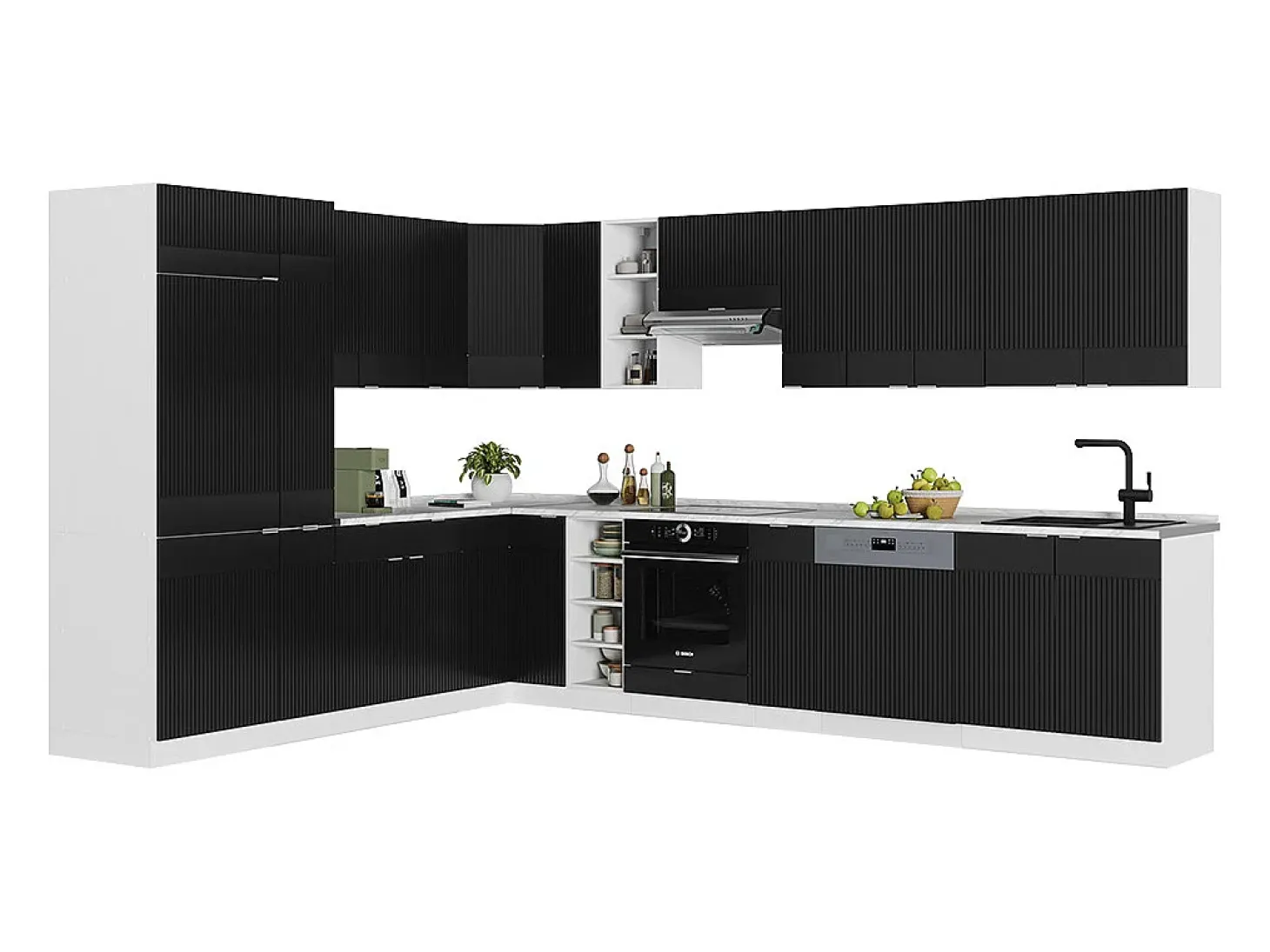 Cocina esquinera negro a rayas/blanco 347x60x81.6 fame-line