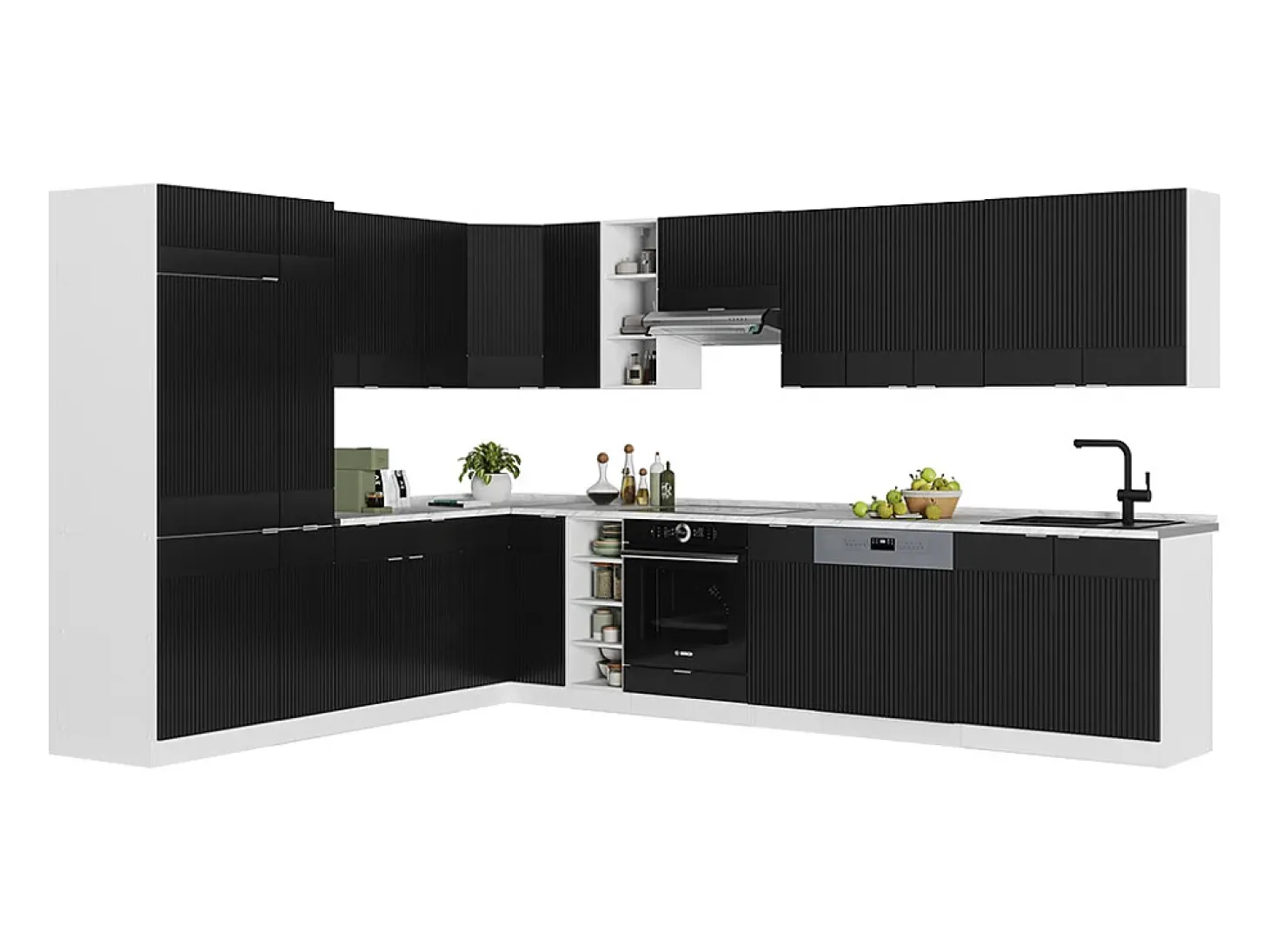 Cocina esquinera negro a rayas/blanco 347x46x81.6 fame-line