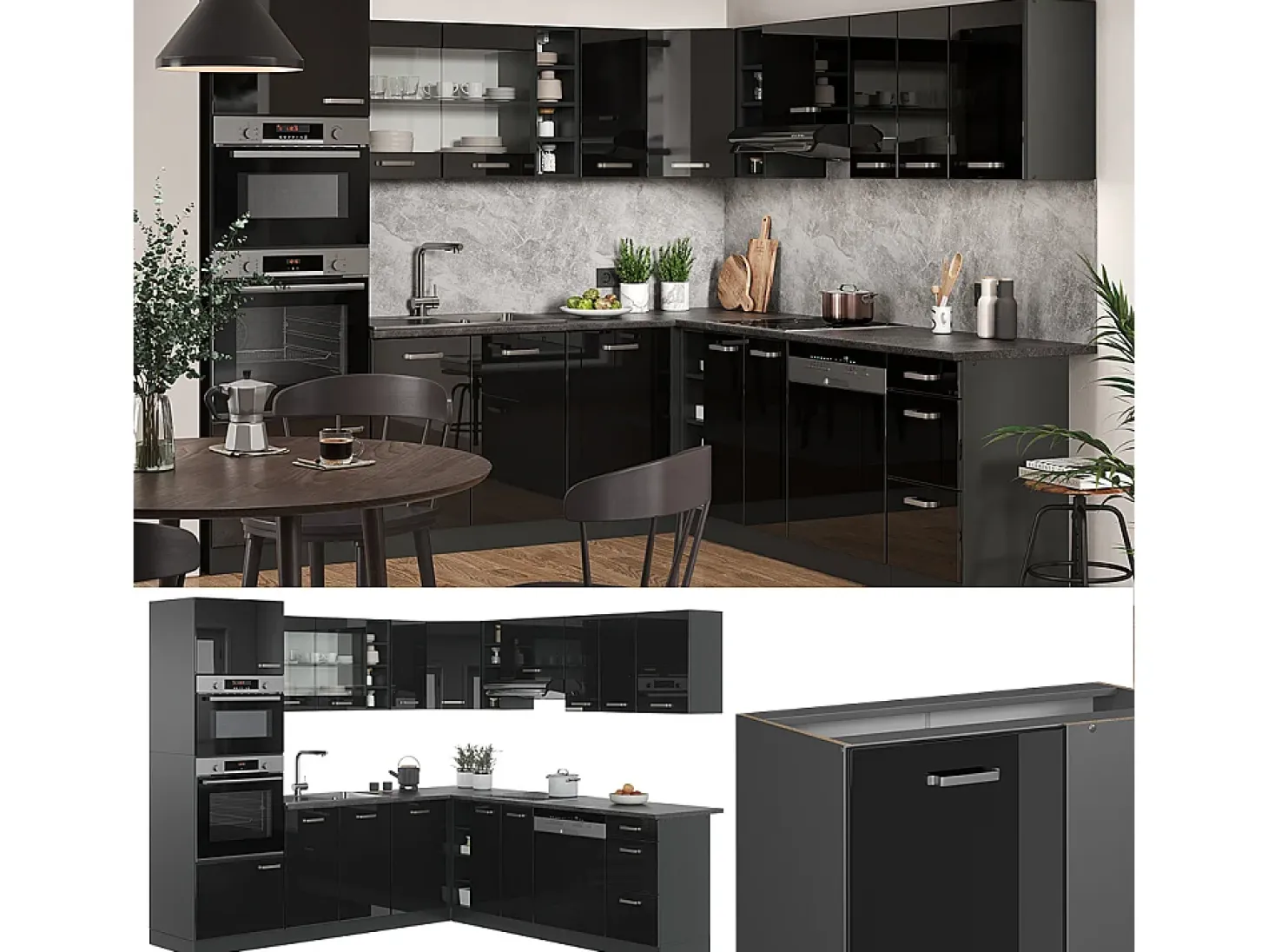 Cocina esquinera negro/antracita de alto brillo 247x60x81.6 r-line