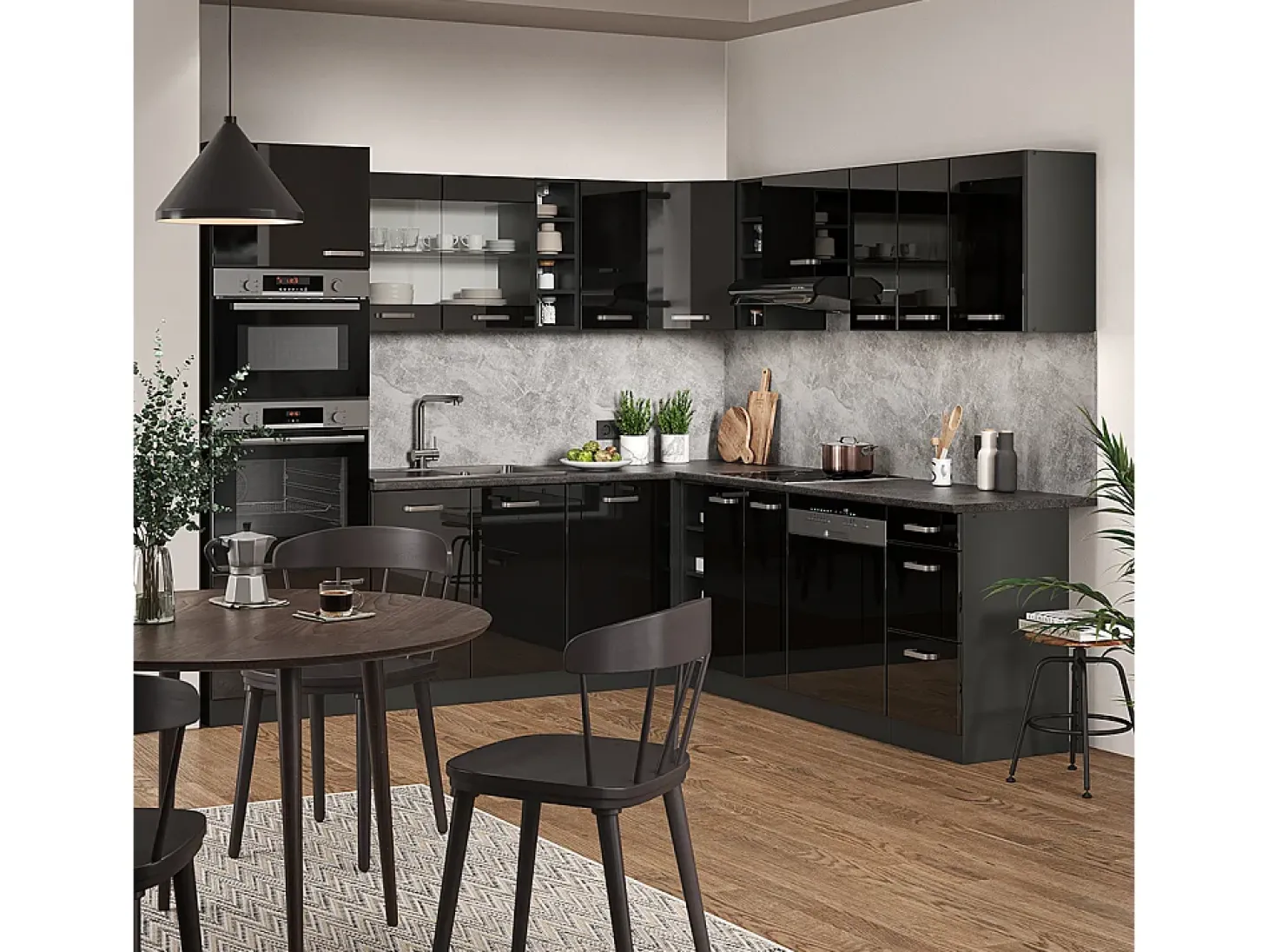 Cocina esquinera negro/antracita de alto brillo 247x60x81.6 r-line