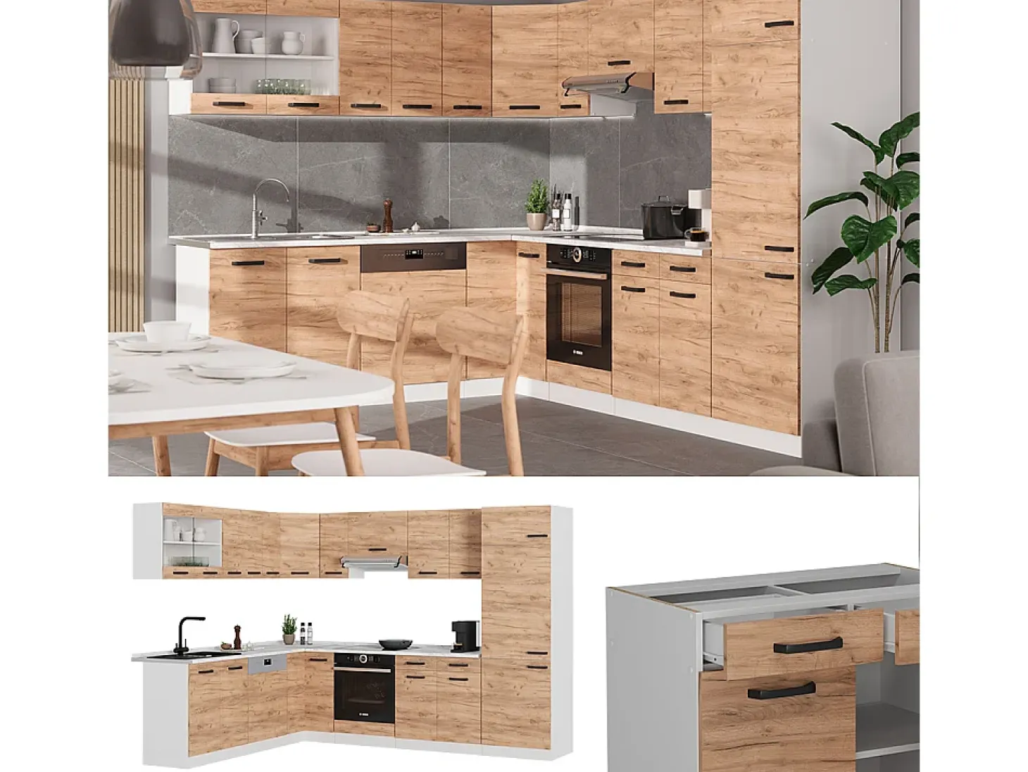 Cocina esquinera oro potencia roble/blanco 287x60x81.6 r-line