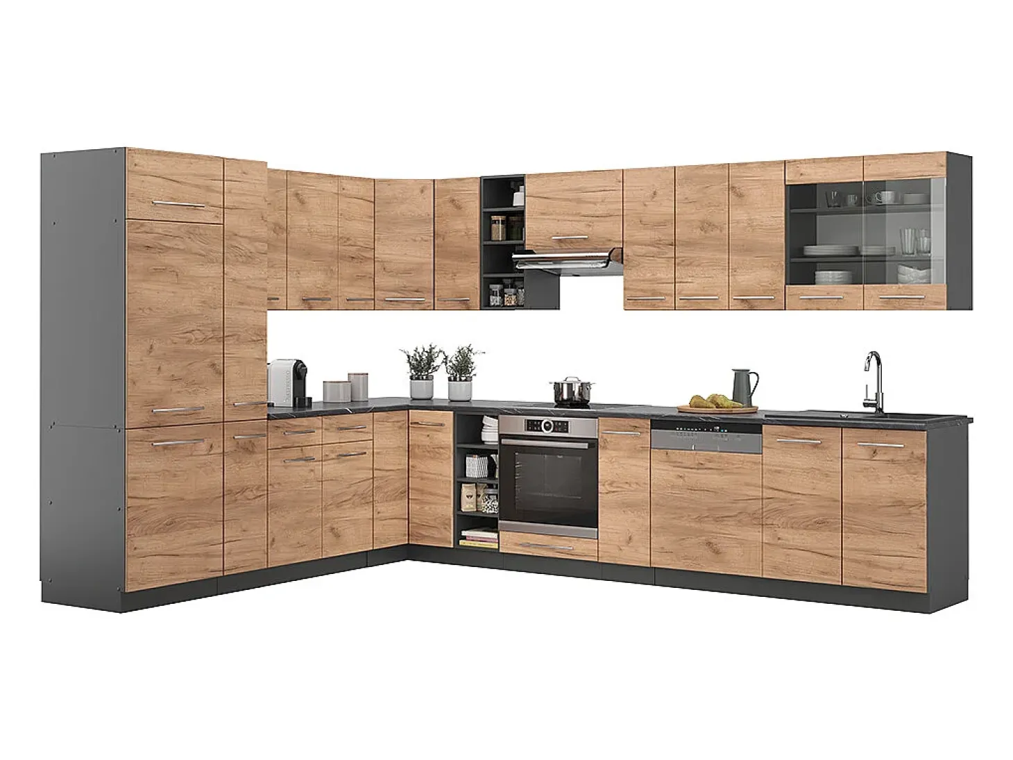 Cocina esquinera oro power roble/antracita 347x60x81.6 fame-line
