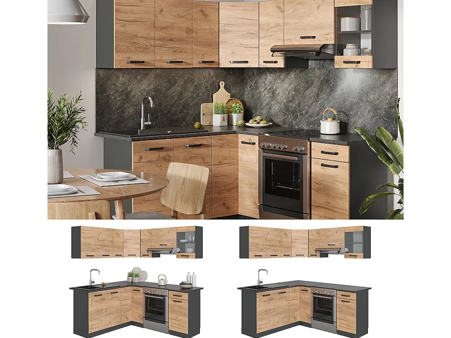 Cocina esquinera oro power roble/antracita 190x46x81.6 rick